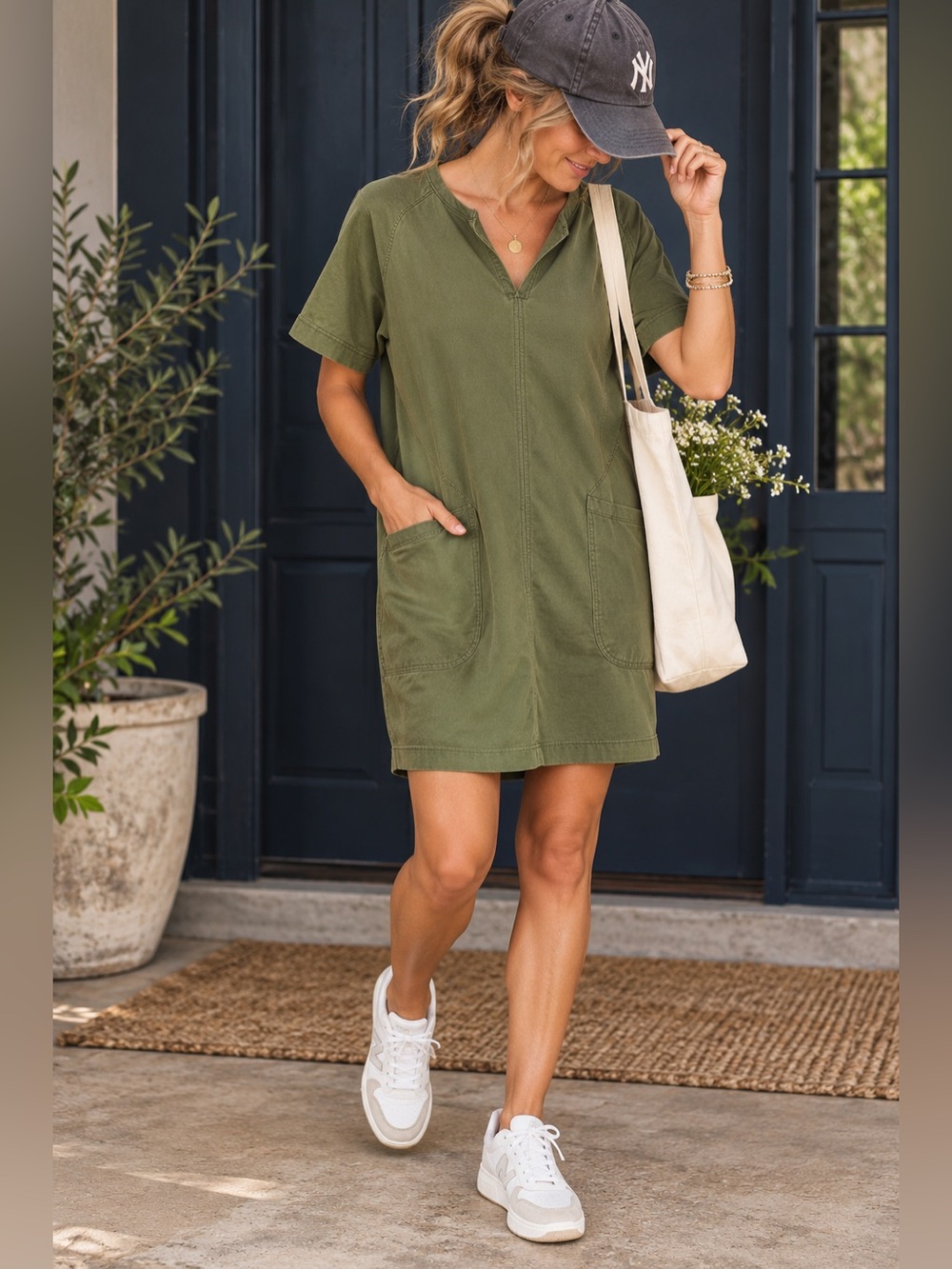 Athleta Olive Green Utility Dress M Cotton Stretch Pockets